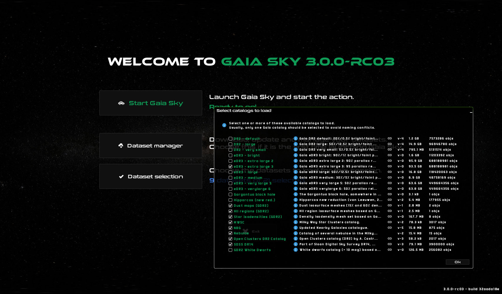 The dataset selection window of Gaia Sky