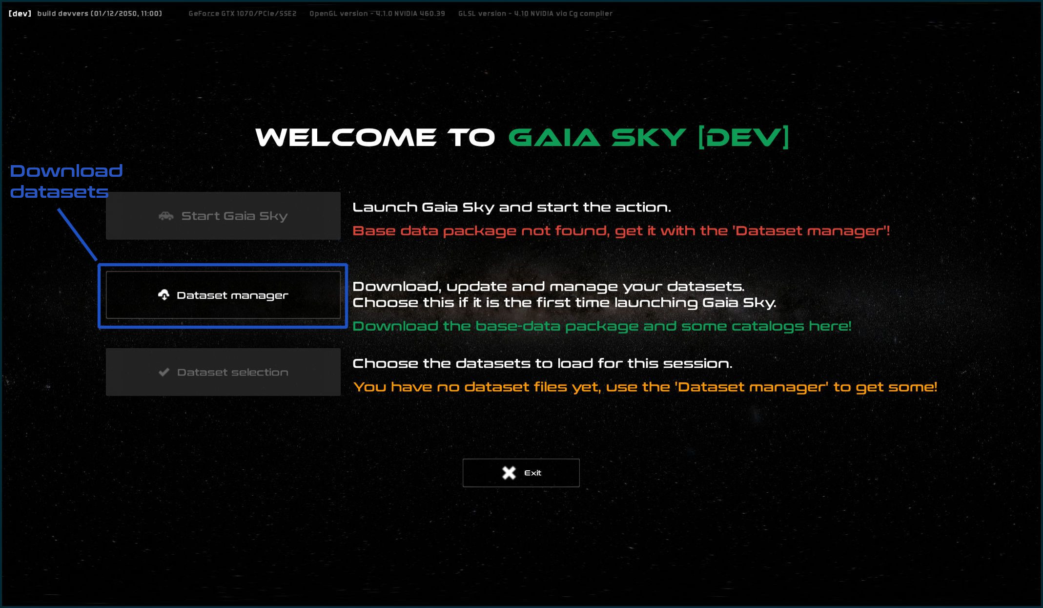 Welcome window the first tart Gaia Sky is started