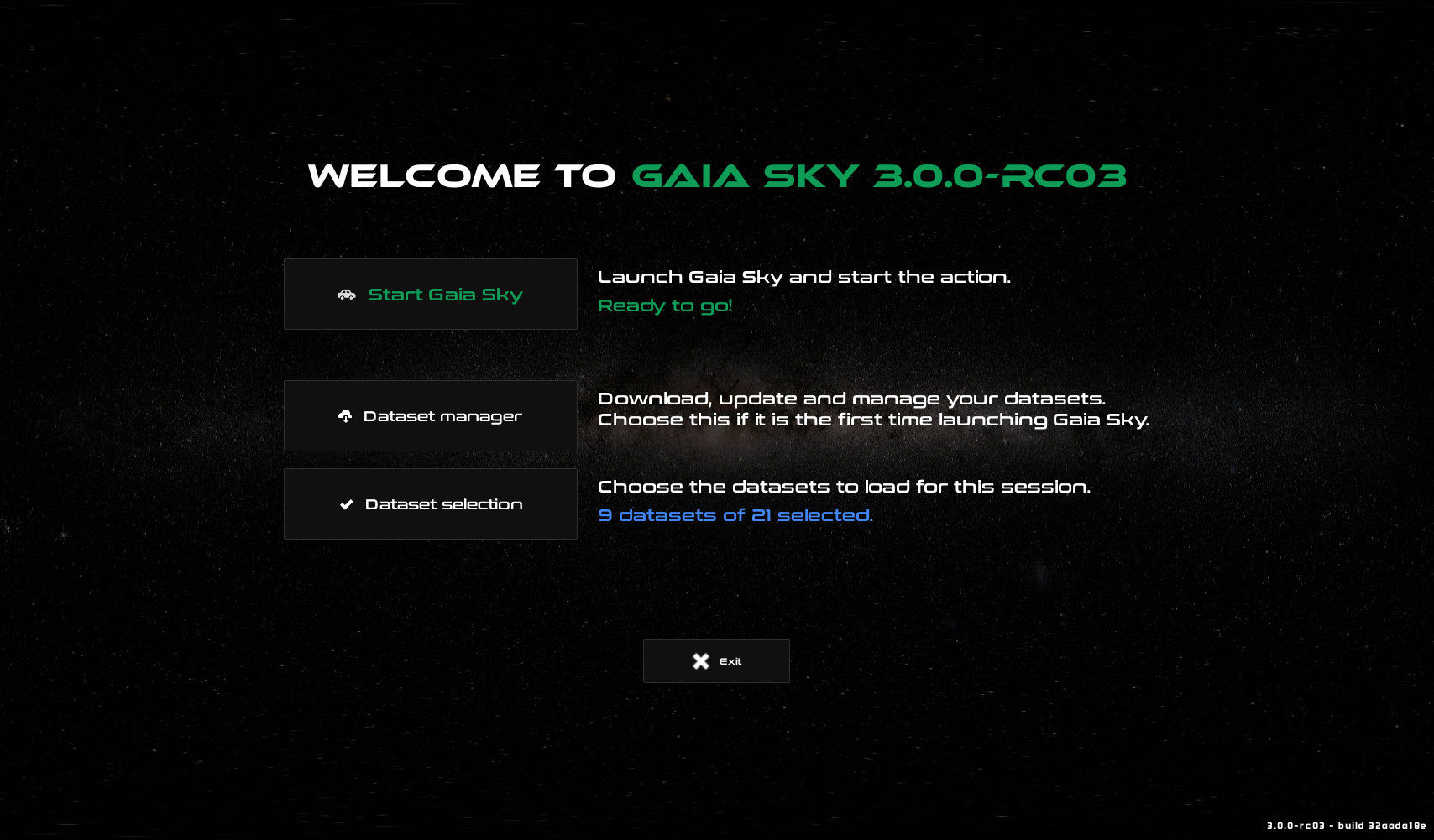 The welcome screen in Gaia Sky 3.0.0+