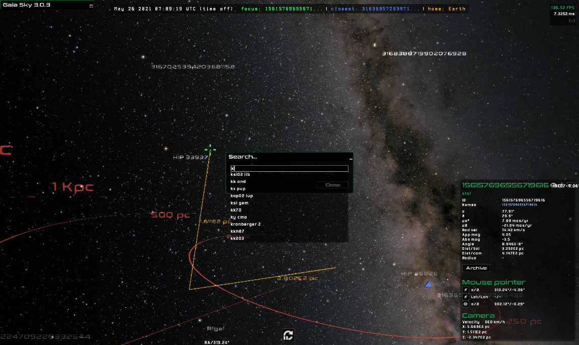 The search dialog in Gaia Sky