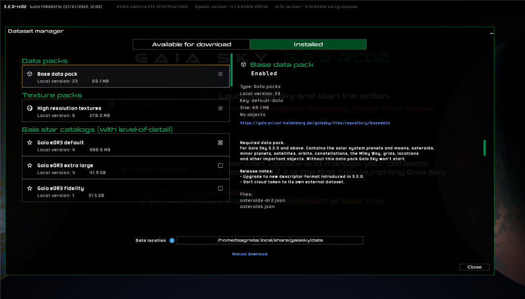 The dataset selection window of Gaia Sky