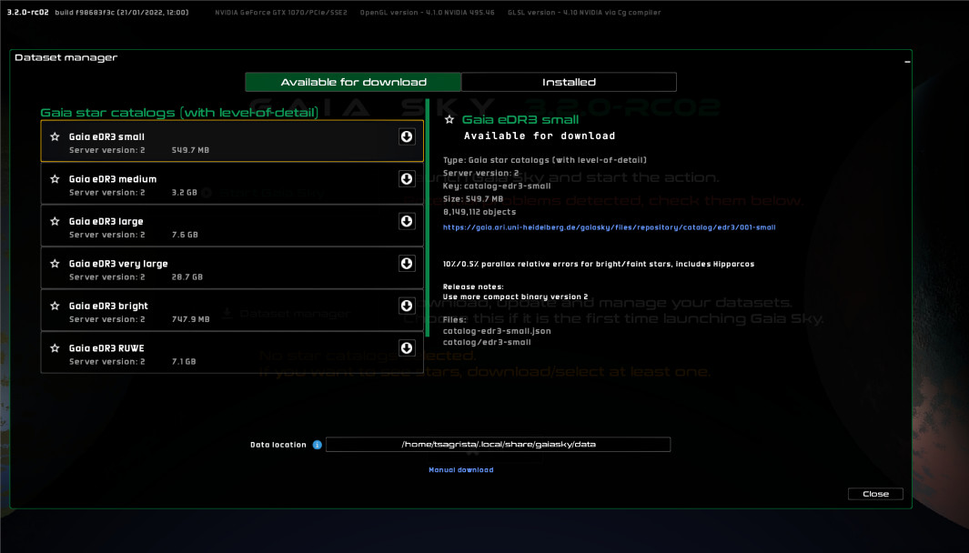 The dataset manager of Gaia Sky