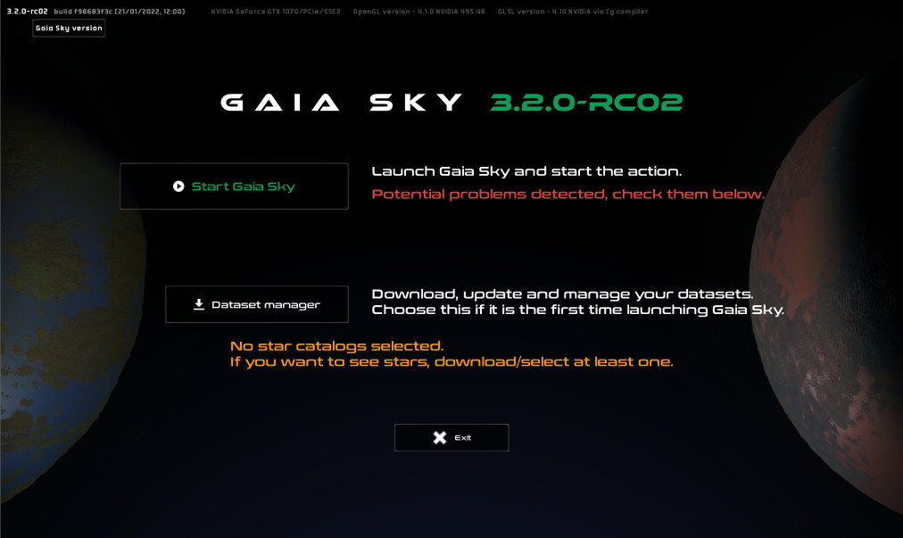 The welcome screen in Gaia Sky 3.2.0+