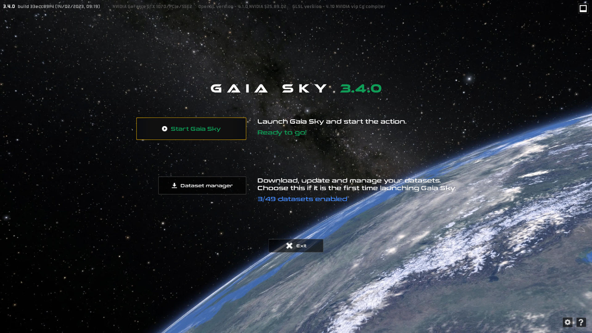 The welcome screen in Gaia Sky 3.4.1