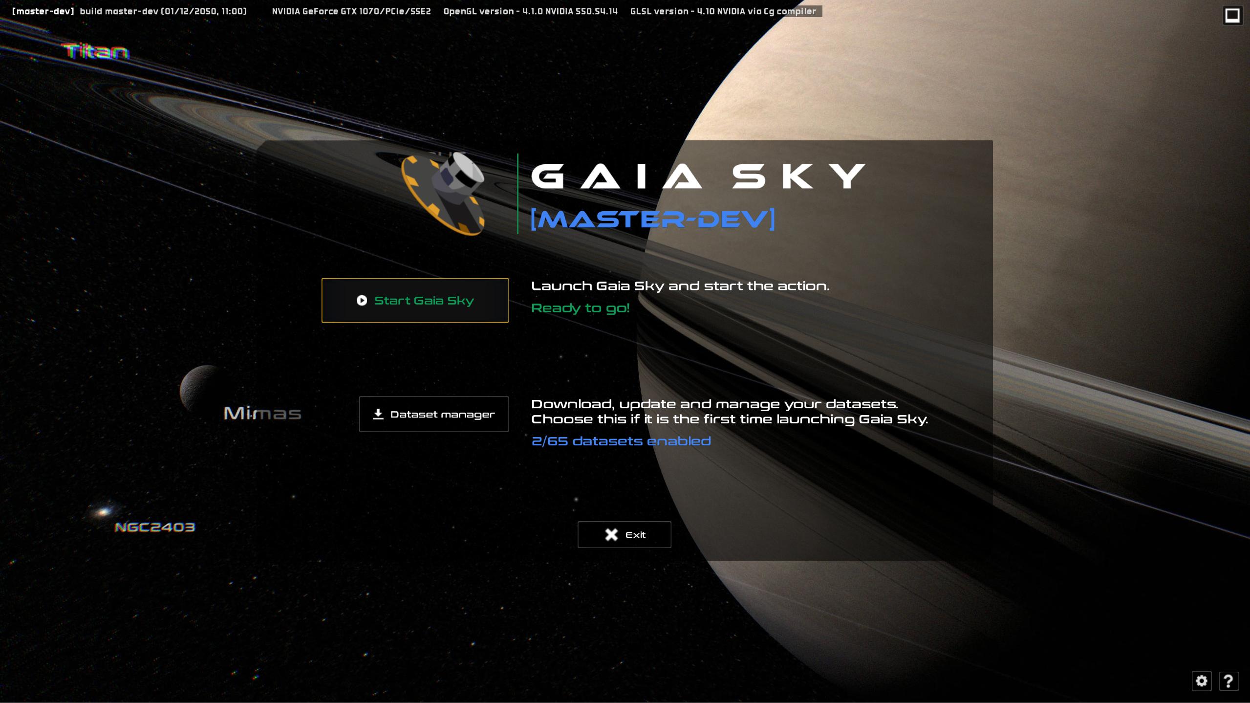 The welcome screen in Gaia Sky