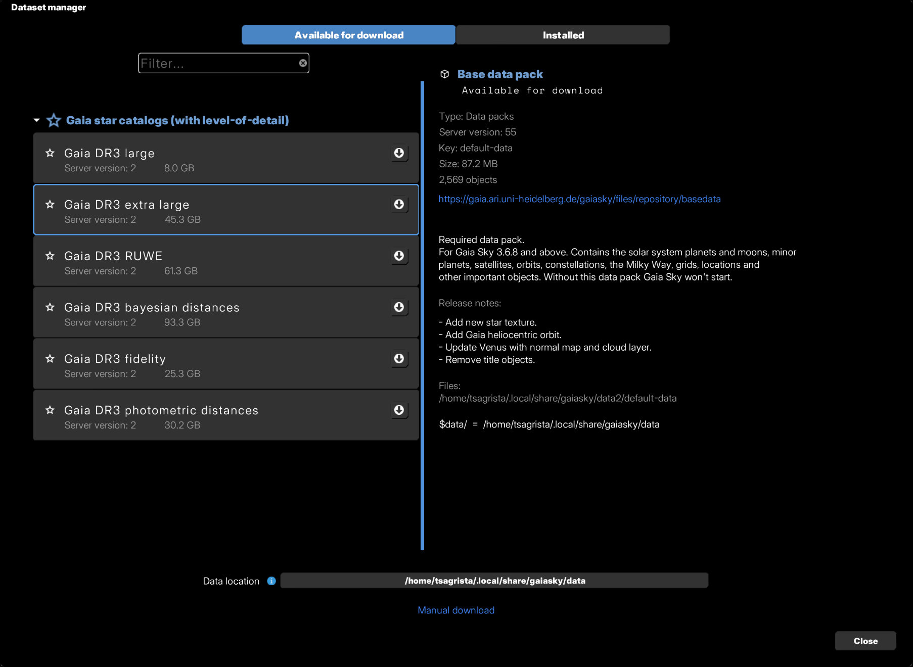 The dataset manager of Gaia Sky