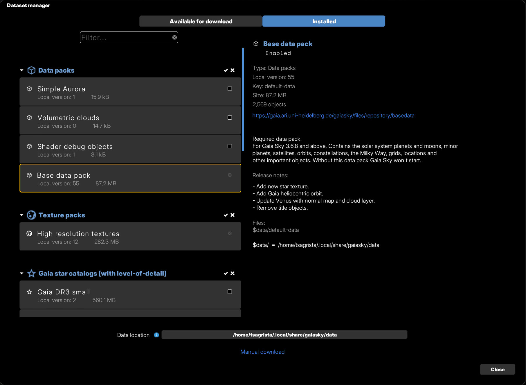 The dataset selection window of Gaia Sky
