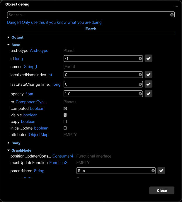 Object debug window