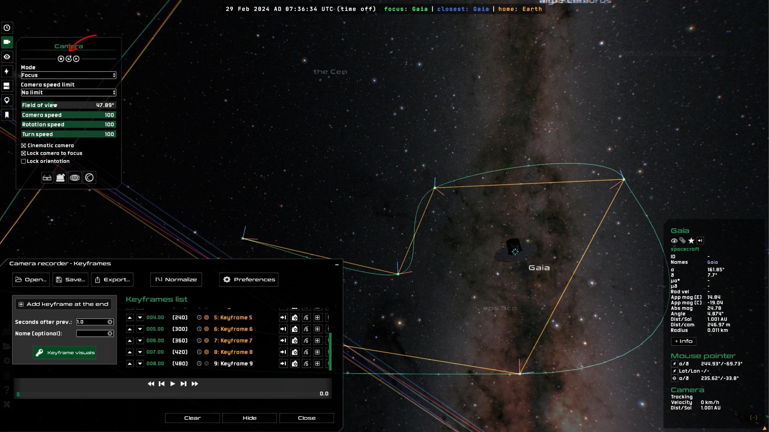 Creating a keyframed camera path around Gaia