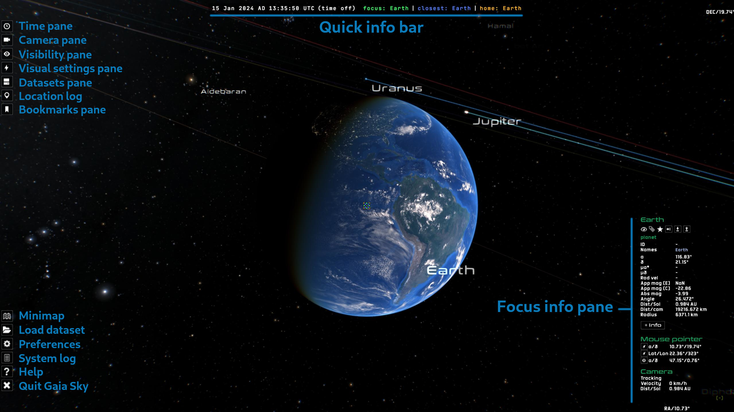 Gaia Sky user interface
