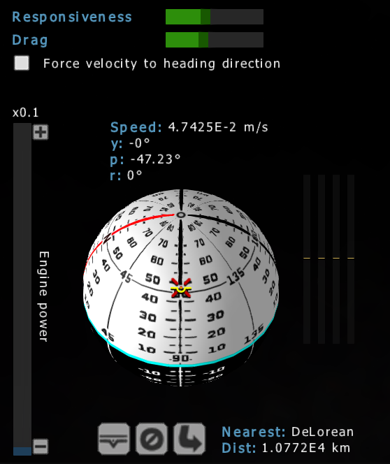 Spacecraft mode controls view, with the attitude indicator ball at the center, the control buttons at the bottom and the engine power to the left.
