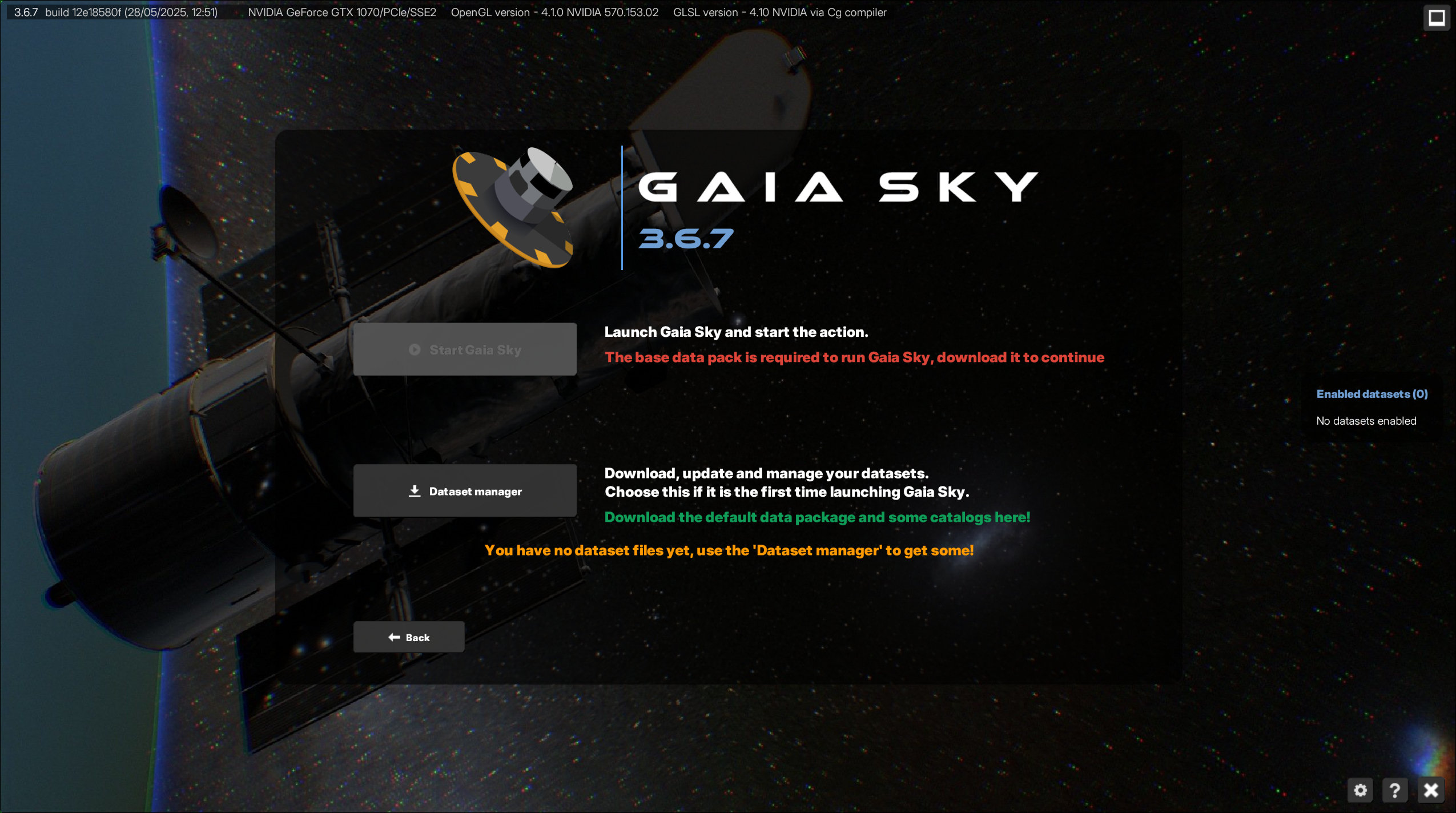 Gaia Sky welcome screen with no datasets.