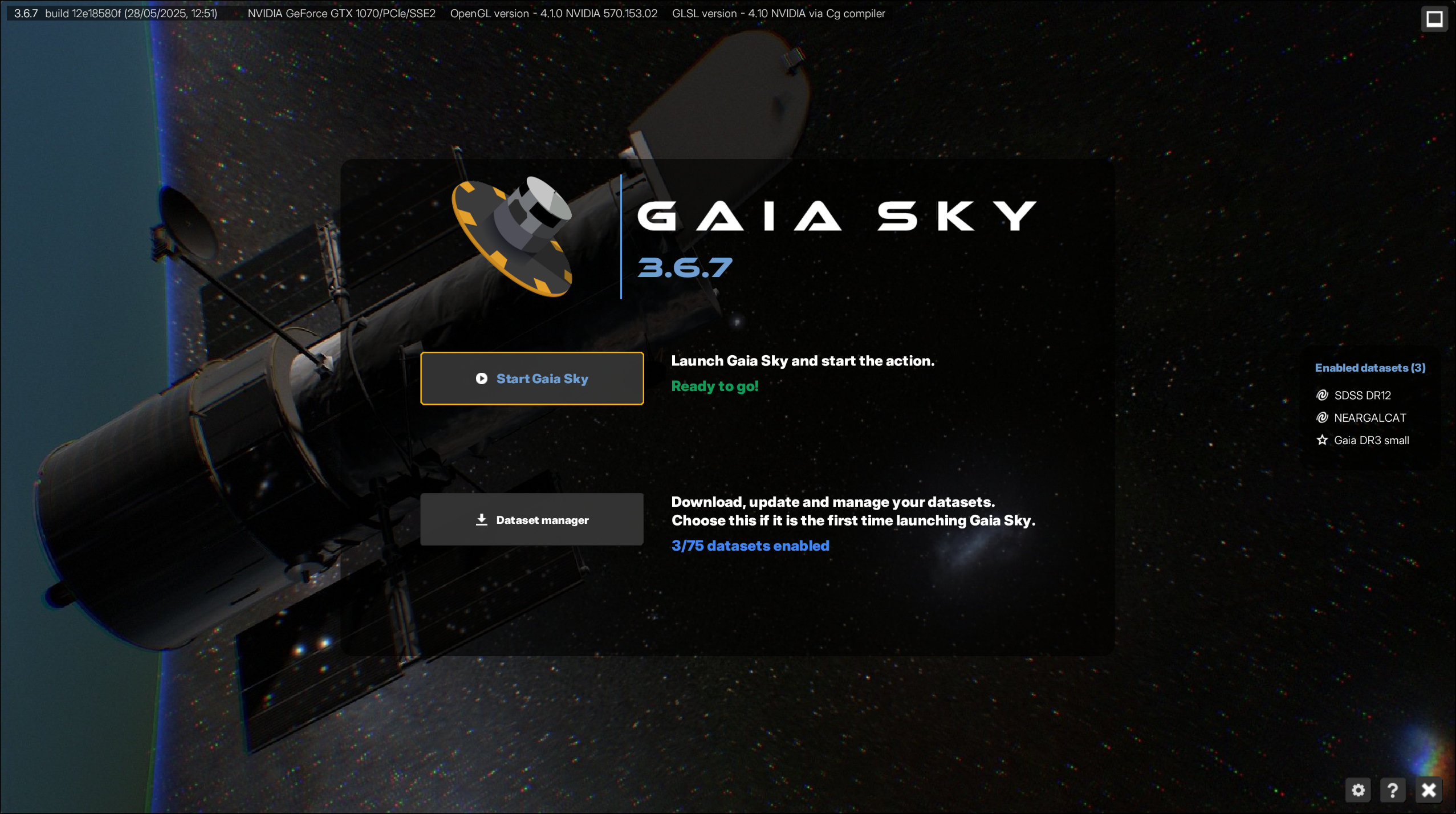 The welcome screen in Gaia Sky
